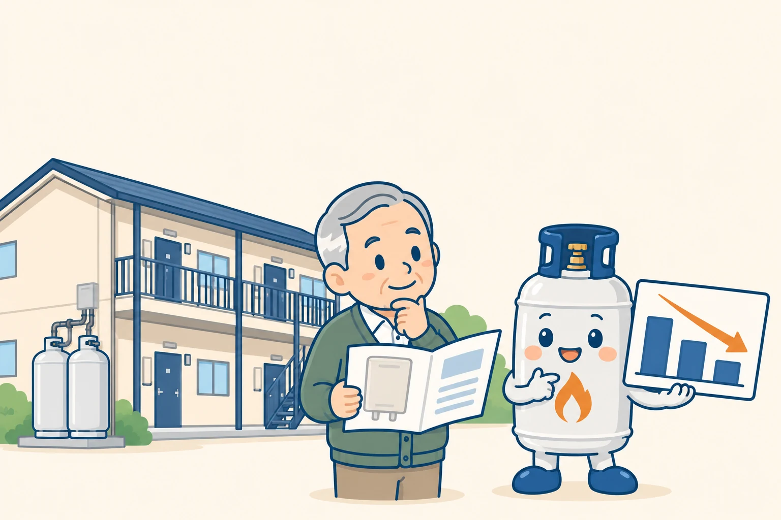 アパートの前で、給湯器のカタログを手に考える大家さんに、料金が下がるグラフを見せて教えるぼん吉