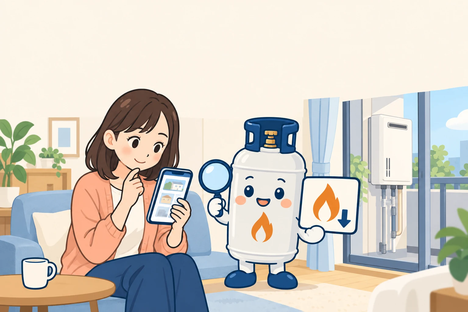 ワンルームでスマホの部屋探しの画面を見る女性に、炎と下向きの矢印のボードで教えるぼん吉