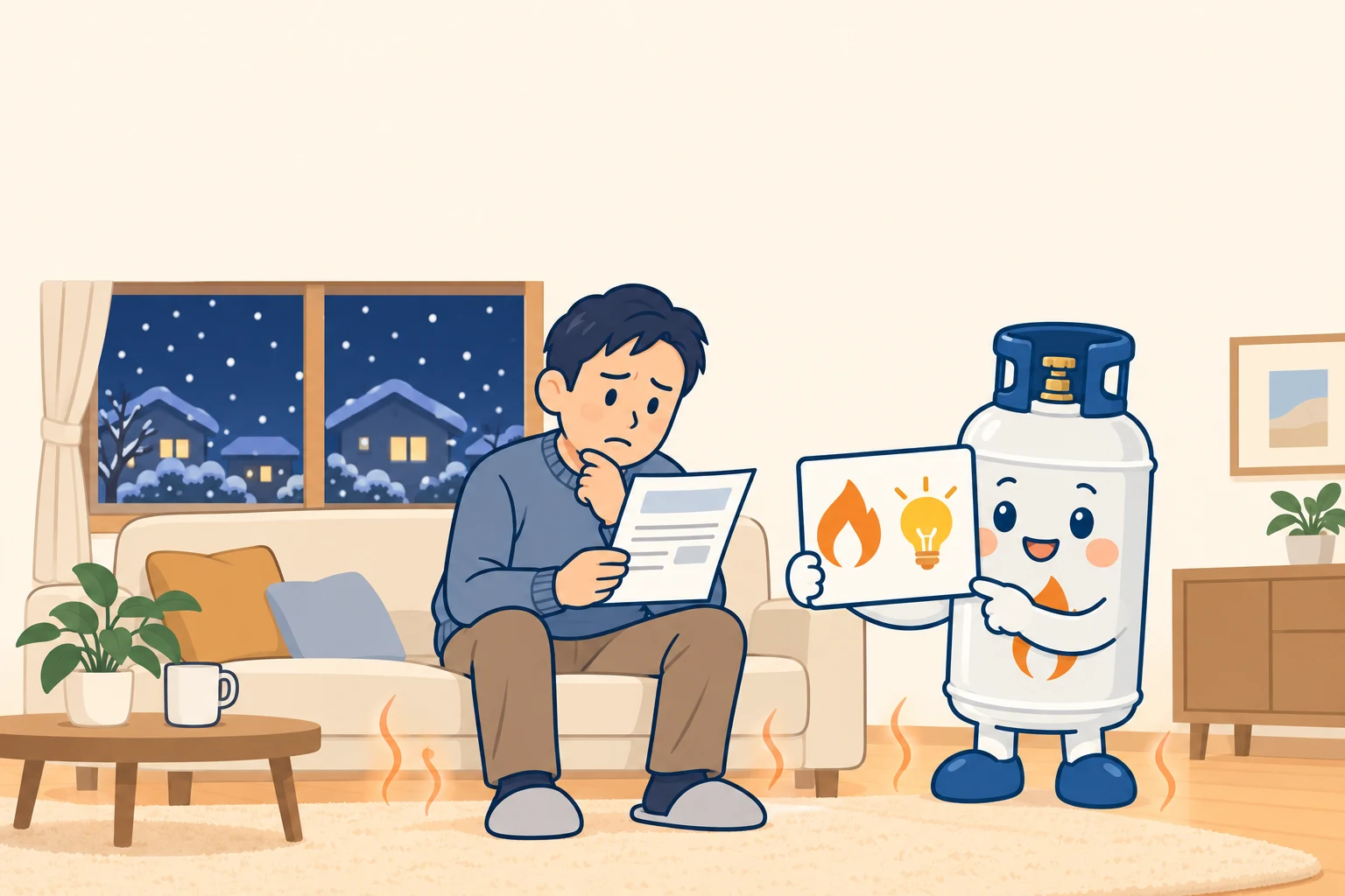 雪の夜のリビングでガスのお知らせを見て困る男性に、炎と電球のマークのボードで教えるぼん吉