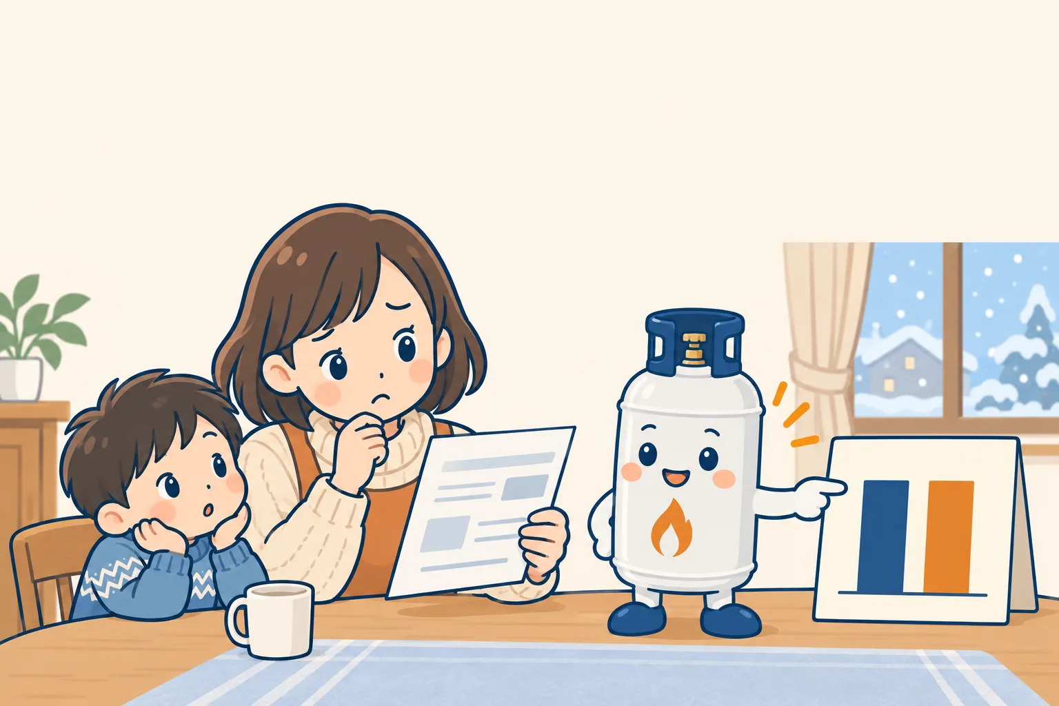 ガス代のお知らせを見て不安そうな母親と子どもに、棒グラフで平均と比べてみせるぼん吉
