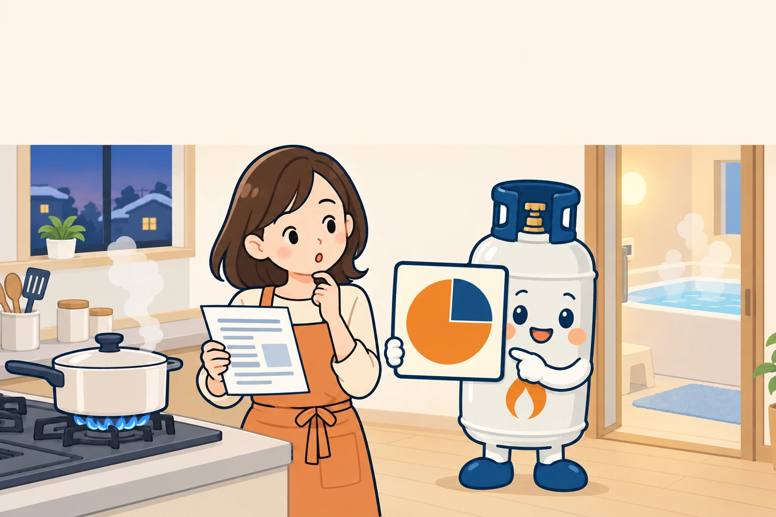 ガス代のお知らせを手にコンロとお風呂を見比べる母親に、円グラフのボードで教えるぼん吉
