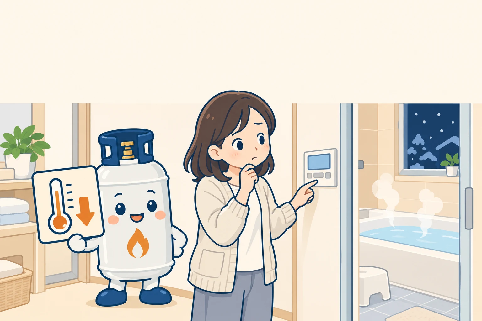 お風呂のリモコンの前で温度を下げようか迷う女性に、温度計と下向きの矢印のボードを見せて教えるぼん吉