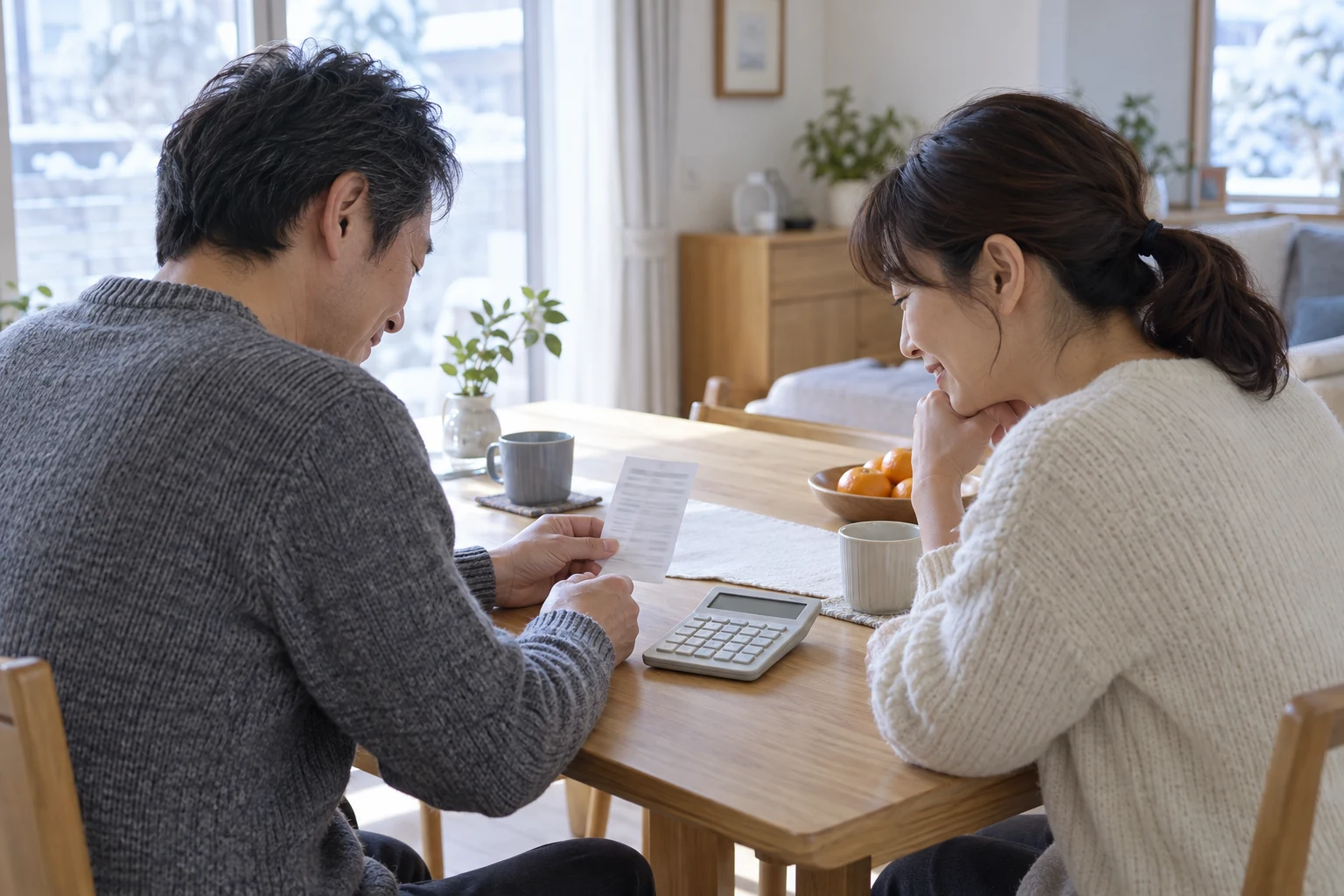 検針票と電卓を前に、ガス代を相談する夫婦のイメージ（AIで作った写真で、人物は実在しません）。ダイニングテーブルで検針票を見ている