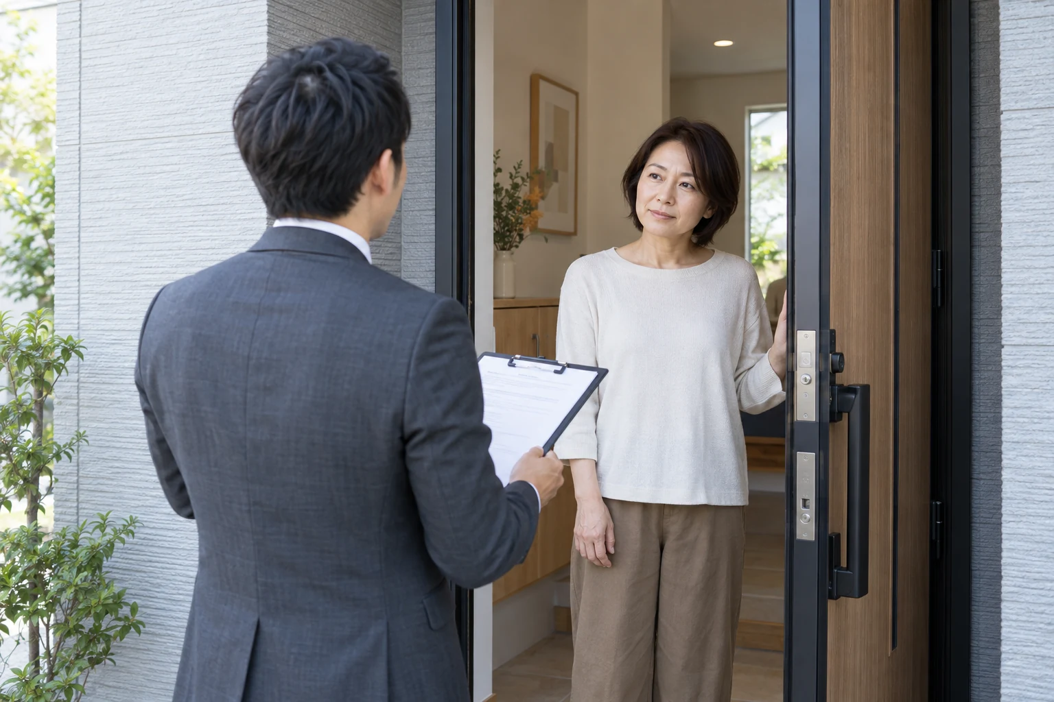 玄関先でガス会社の営業の話を聞くイメージ（AIで作った写真で、人物は実在しません）。スーツの営業担当者と、ドアを開けた住人