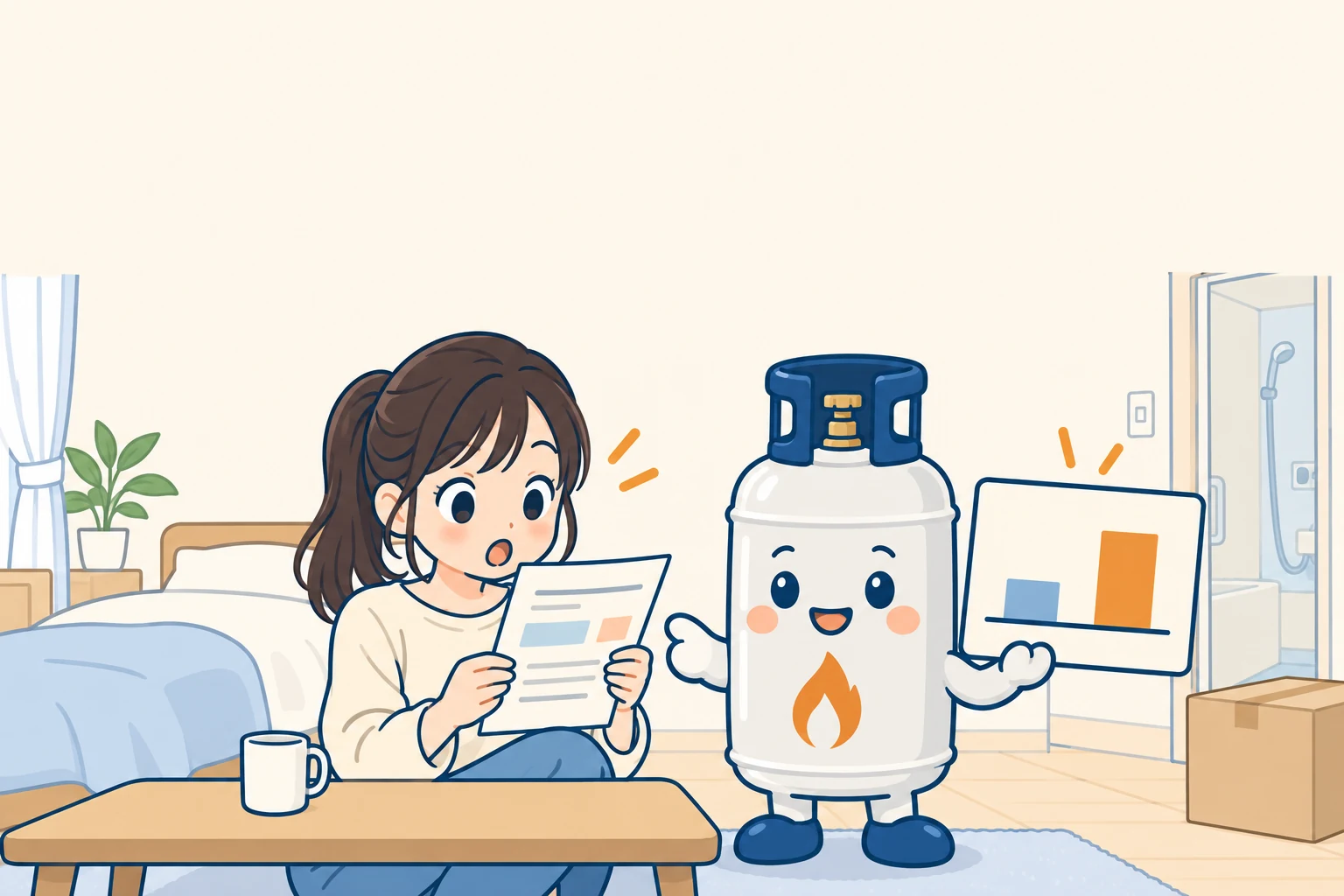 シャワーだけなのに高いガス代のお知らせを見て驚く一人暮らしの女性に、棒グラフで平均を見せるぼん吉