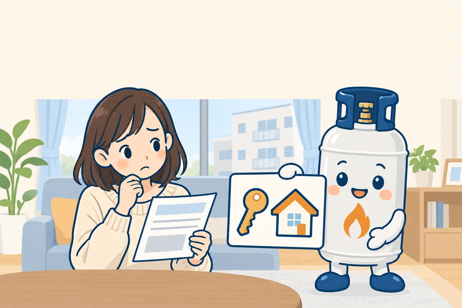 ガス代のお知らせを手に困った顔をする女性に、鍵と家のマークのボードを見せて教えるぼん吉